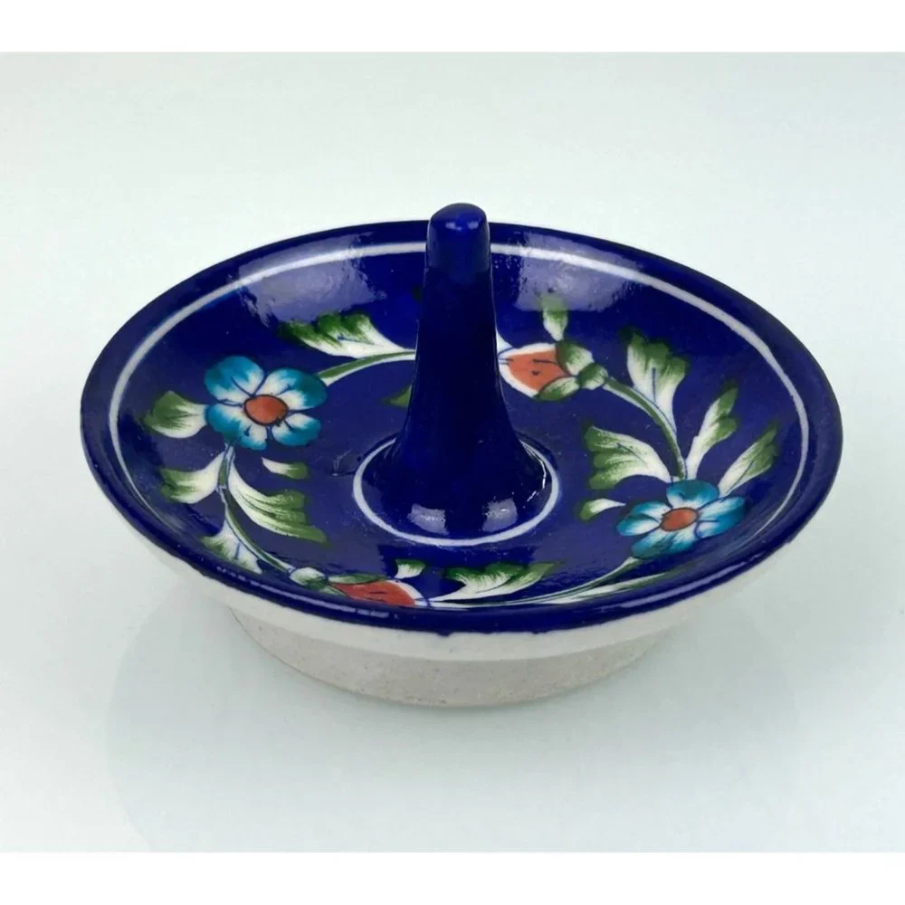 Handmade Pottery Ring Trinket Holder Jewelry Dish Cobalt Blue Floral Home Decor